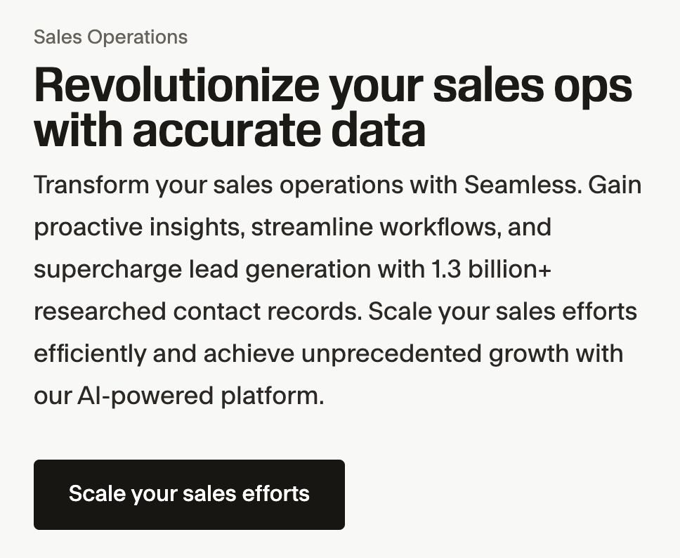 Sales operations landing page showing Revolutionize your sales ops with accurate data.