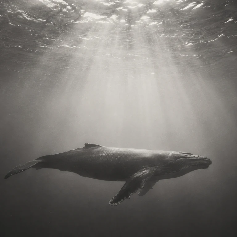 Whale swimming beneath sunlit ocean water
