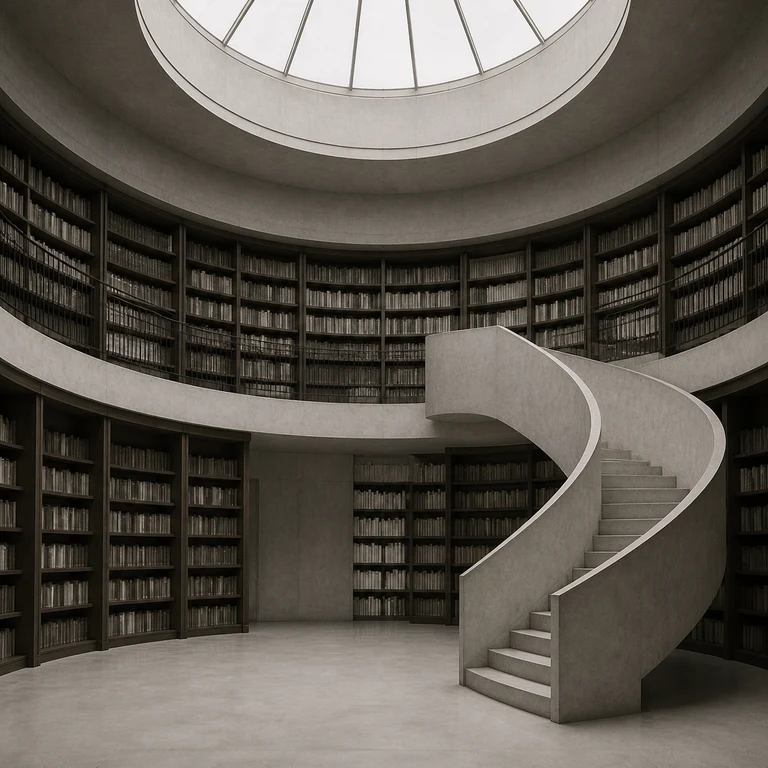 Circular library with a spiral staircase and skylight
