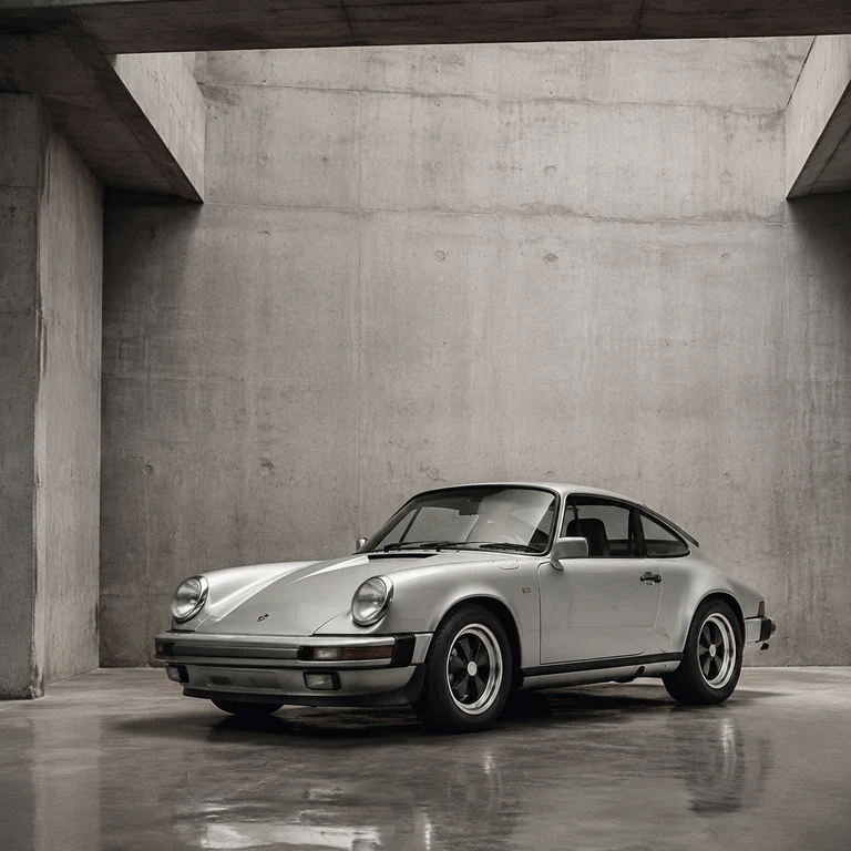 Silver Porsche in a concrete garage