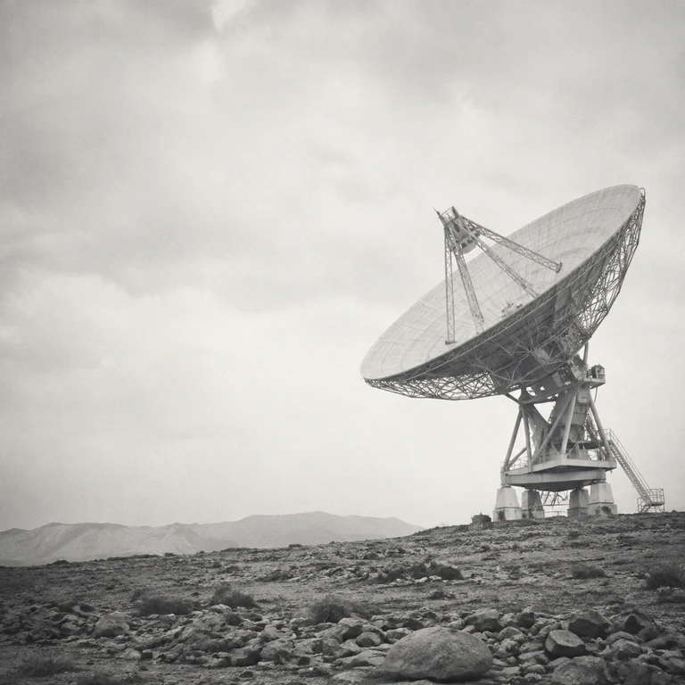 Radio telescope on a rocky plain