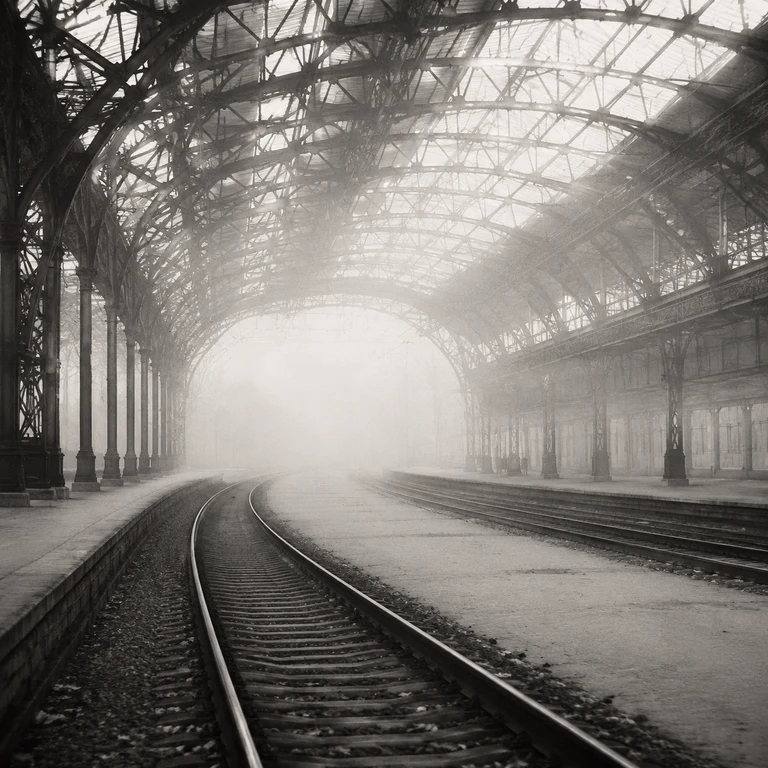 Railway tracks curving through a misty station